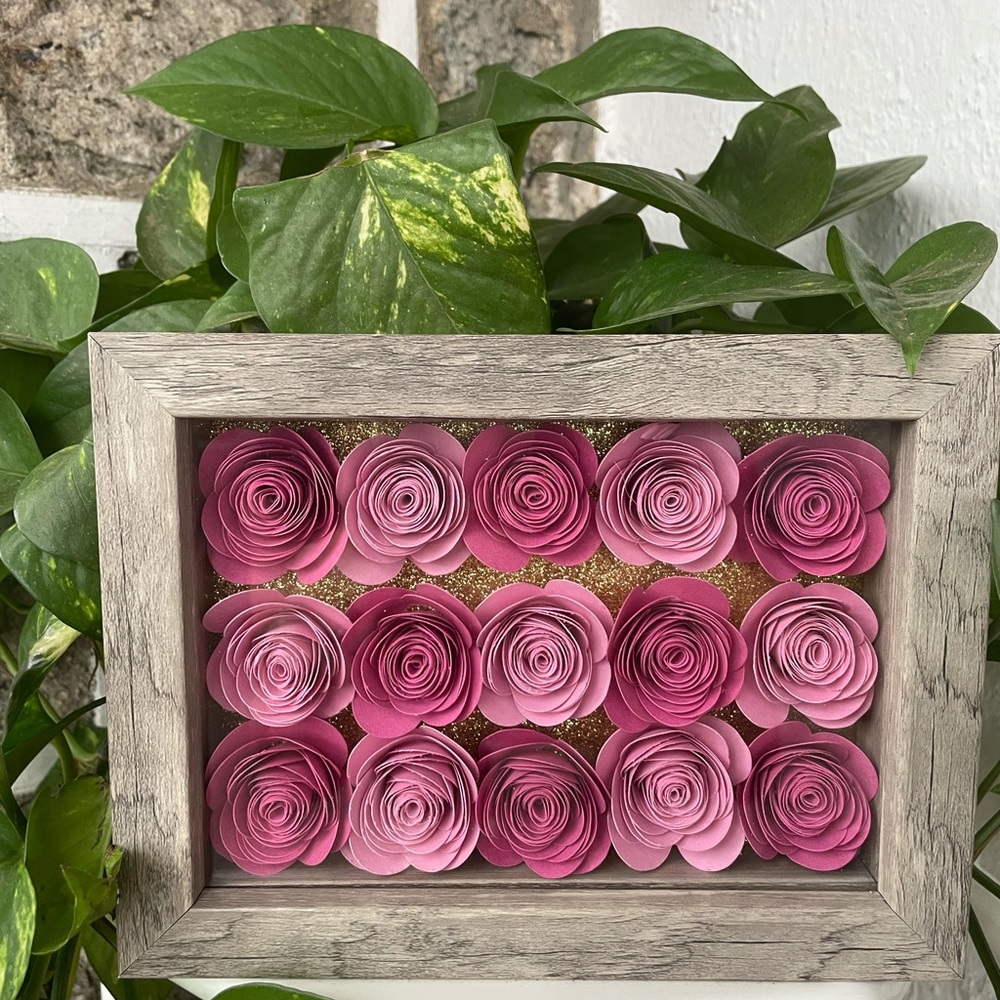 Hand made rolled roses in a shadow box